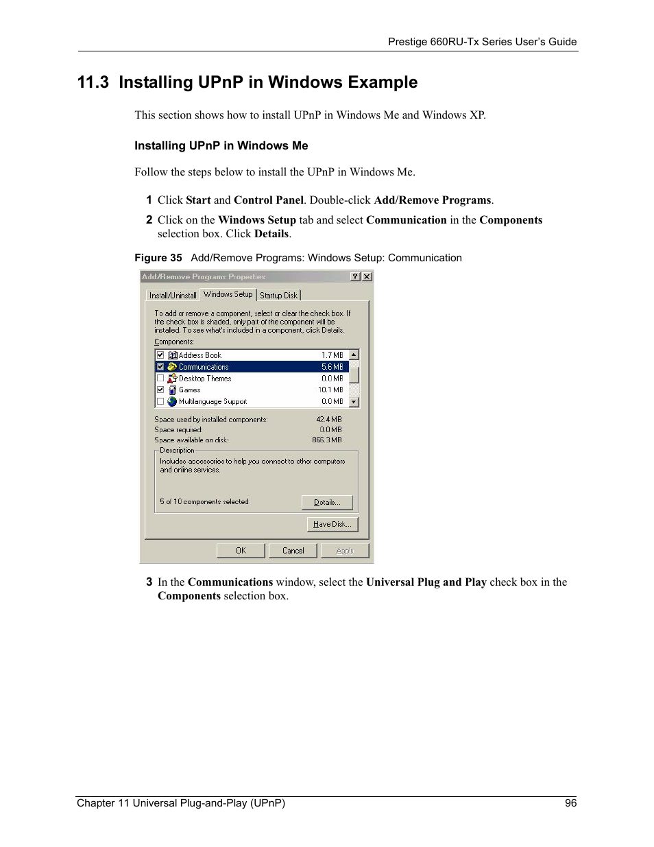 3 installing upnp in windows example | ZyXEL Communications ADSL2+ Ethernet/USB Gateway 660RU-Tx Series User Manual | Page 97 / 286