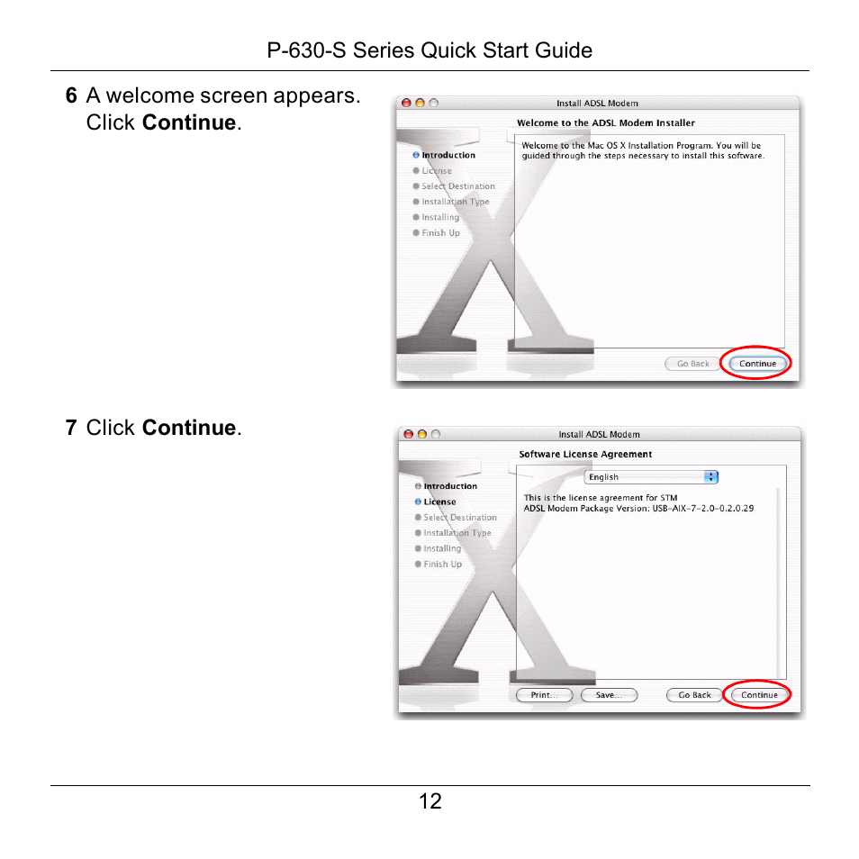 6 a welcome screen appears. click continue, 7 click continue | ZyXEL Communications P-630-S User Manual | Page 12 / 32