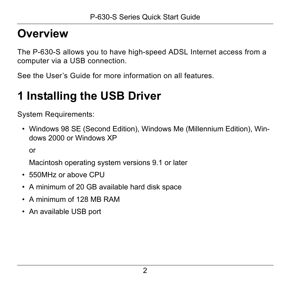 Overview, 1 installing the usb driver | ZyXEL Communications P-630-S User Manual | Page 2 / 32