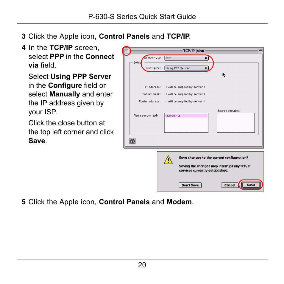 3 click the apple icon, control panels and tcp/ip, 5 click the apple icon, control panels and modem | ZyXEL Communications P-630-S User Manual | Page 20 / 32