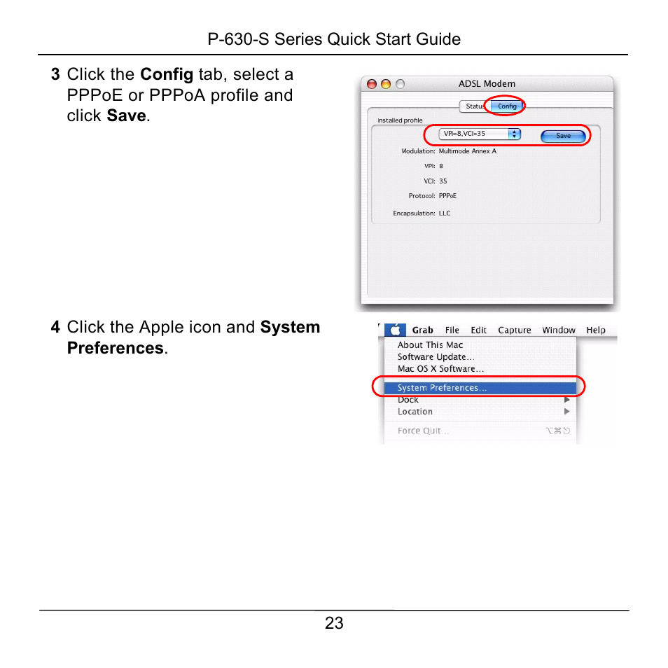 4 click the apple icon and system preferences | ZyXEL Communications P-630-S User Manual | Page 23 / 32