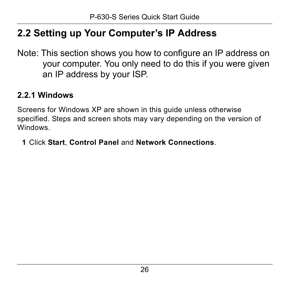 2 setting up your computer’s ip address, 1 windows, Section 2.2 on | ZyXEL Communications P-630-S User Manual | Page 26 / 32