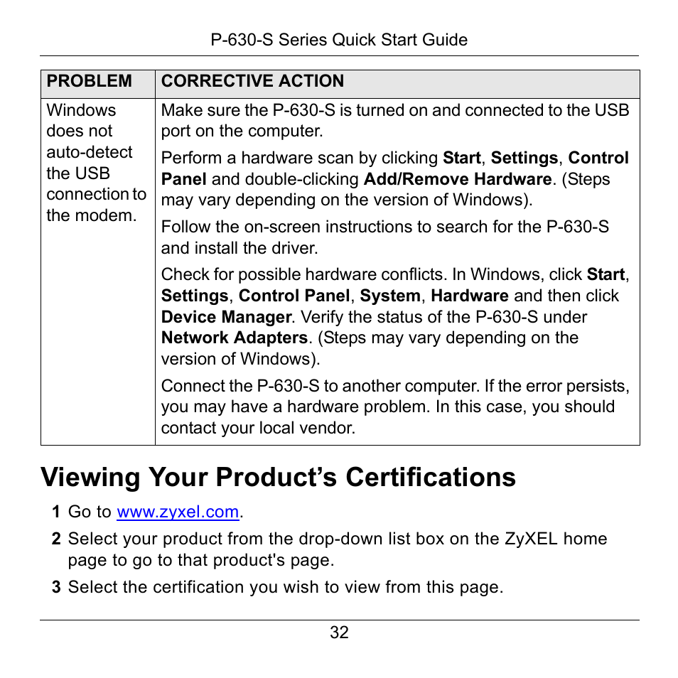 Viewing your product’s certifications, 1 go to www.zyxel.com | ZyXEL Communications P-630-S User Manual | Page 32 / 32