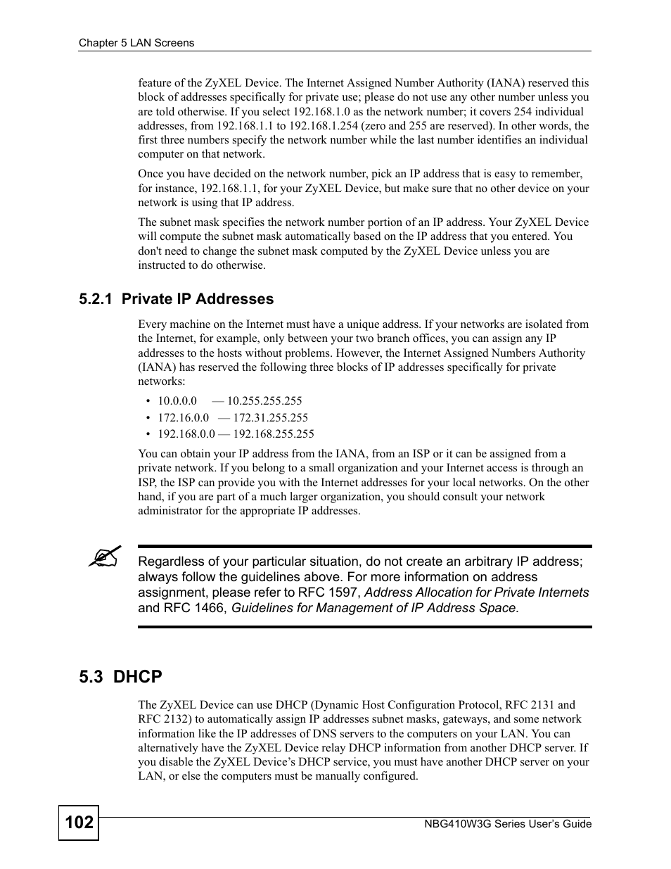 1 private ip addresses, 3 dhcp | ZyXEL Communications NBG410W3G User Manual | Page 102 / 430