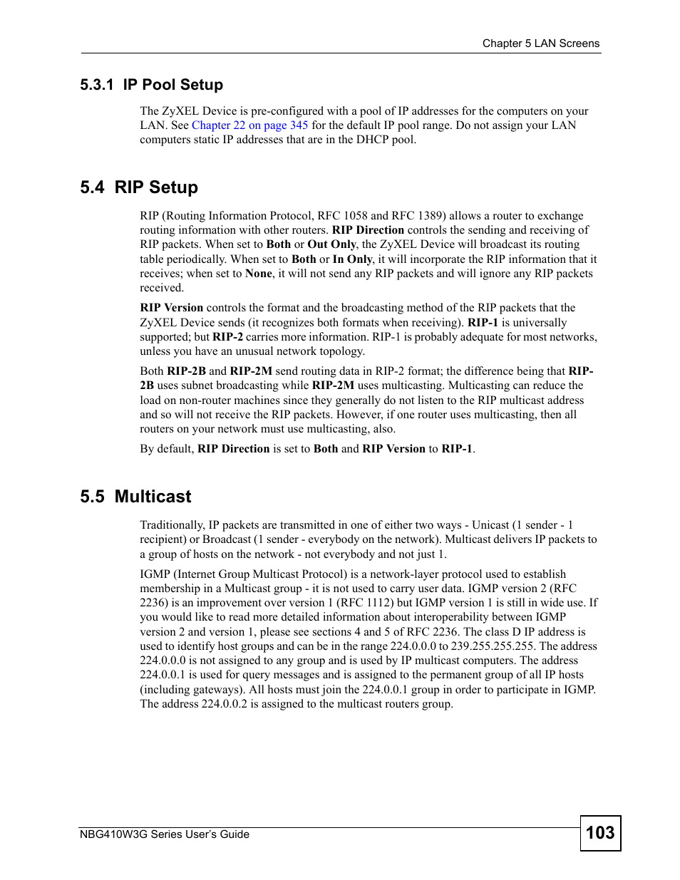1 ip pool setup, 4 rip setup, 5 multicast | 4 rip setup 5.5 multicast | ZyXEL Communications NBG410W3G User Manual | Page 103 / 430
