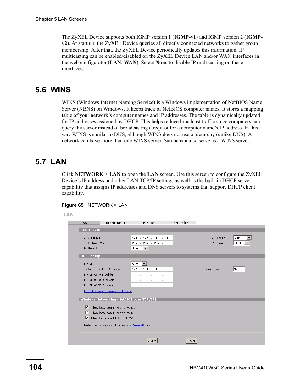 6 wins, 7 lan, 6 wins 5.7 lan | Figure 65 network > lan | ZyXEL Communications NBG410W3G User Manual | Page 104 / 430