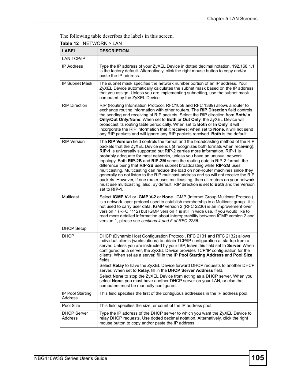 Table 12 network > lan | ZyXEL Communications NBG410W3G User Manual | Page 105 / 430