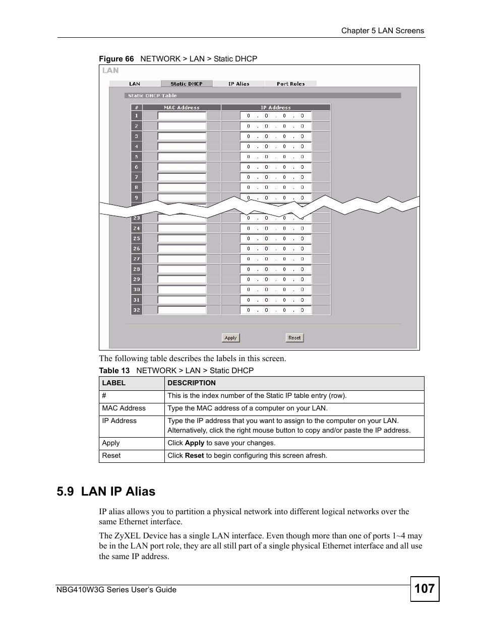 9 lan ip alias, Figure 66 network > lan > static dhcp, Table 13 network > lan > static dhcp | ZyXEL Communications NBG410W3G User Manual | Page 107 / 430