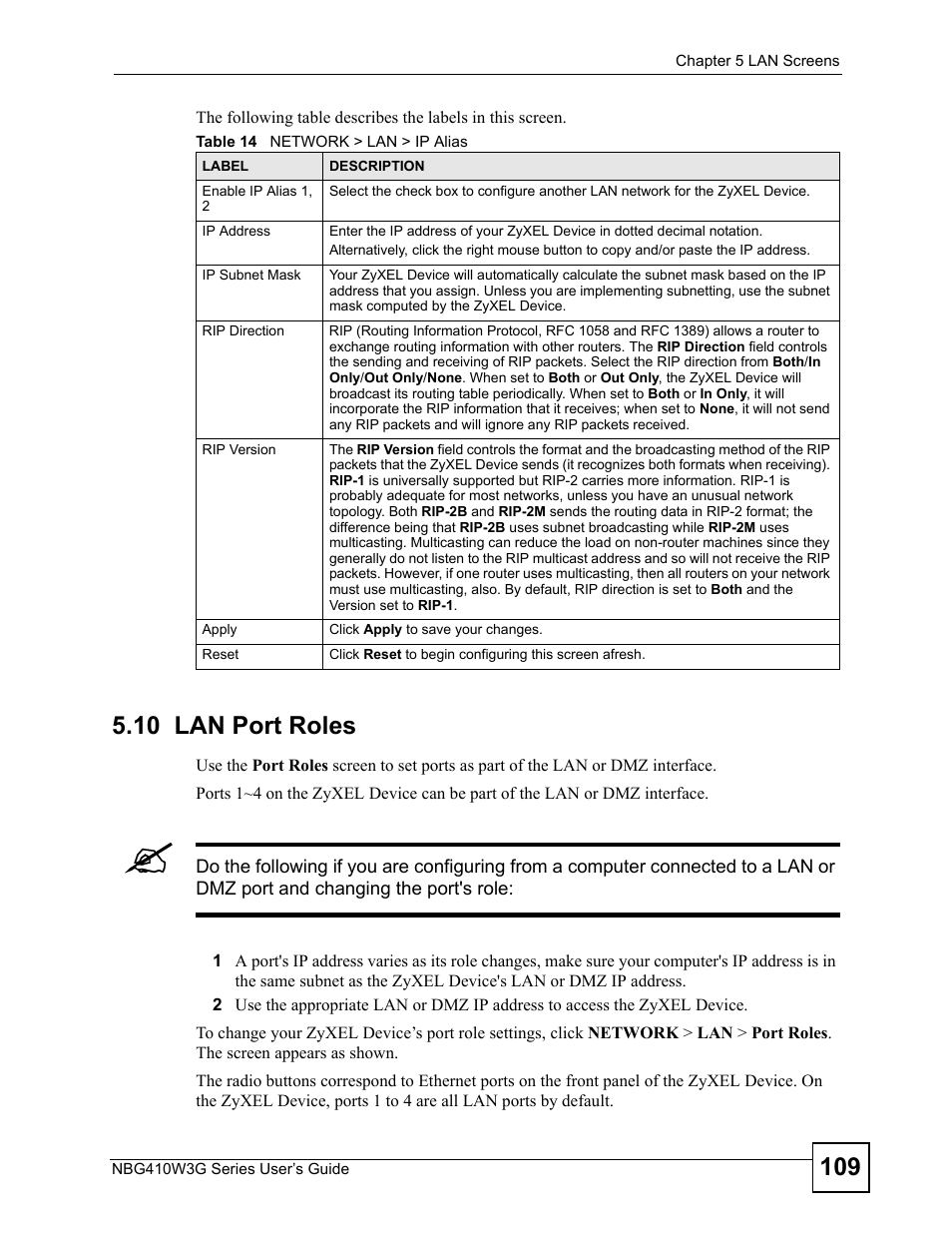 10 lan port roles, Table 14 network > lan > ip alias | ZyXEL Communications NBG410W3G User Manual | Page 109 / 430