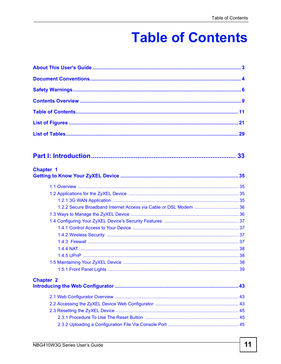 ZyXEL Communications NBG410W3G User Manual | Page 11 / 430