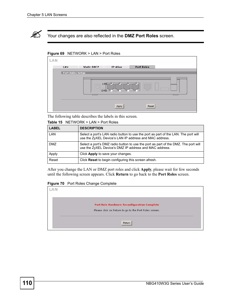 Table 15 network > lan > port roles | ZyXEL Communications NBG410W3G User Manual | Page 110 / 430