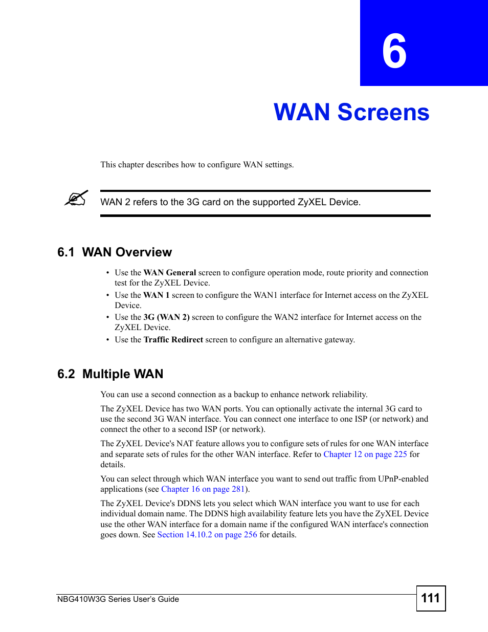Wan screens, 1 wan overview, 2 multiple wan | Chapter 6 wan screens, 1 wan overview 6.2 multiple wan | ZyXEL Communications NBG410W3G User Manual | Page 111 / 430