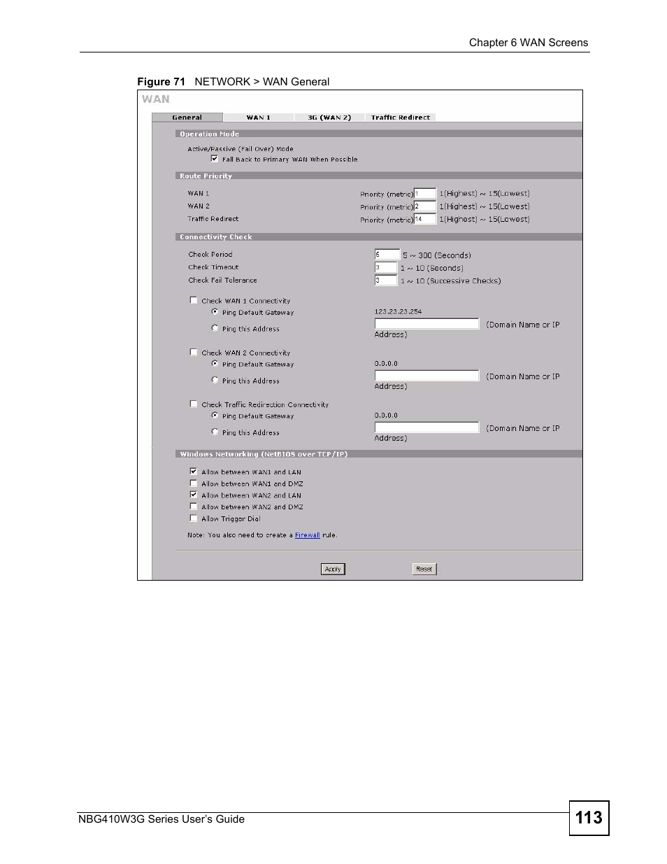 Figure 71 network > wan general | ZyXEL Communications NBG410W3G User Manual | Page 113 / 430