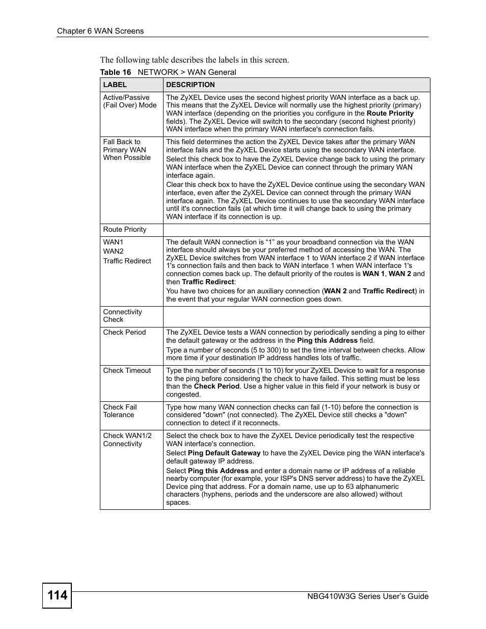 Table 16 network > wan general | ZyXEL Communications NBG410W3G User Manual | Page 114 / 430