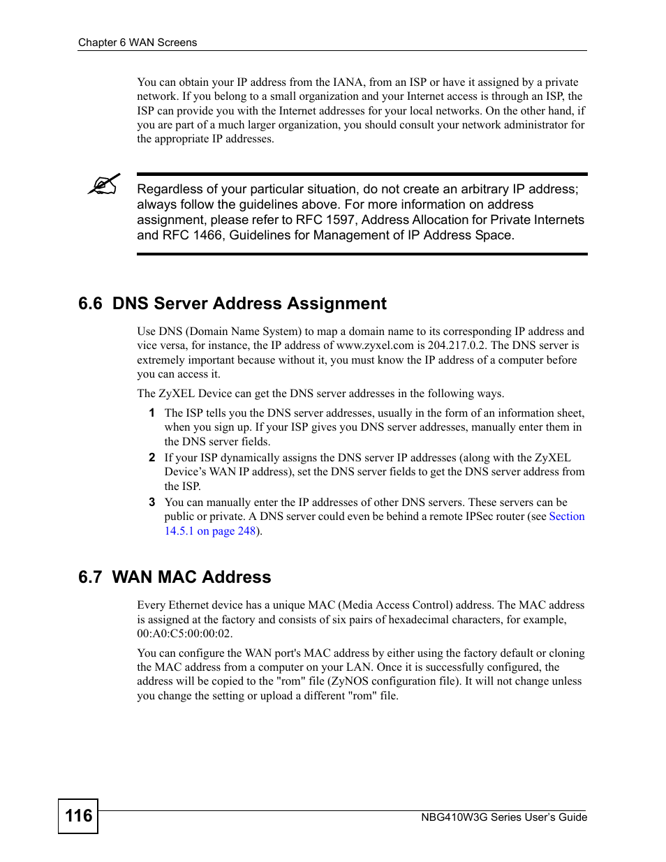 6 dns server address assignment, 7 wan mac address | ZyXEL Communications NBG410W3G User Manual | Page 116 / 430