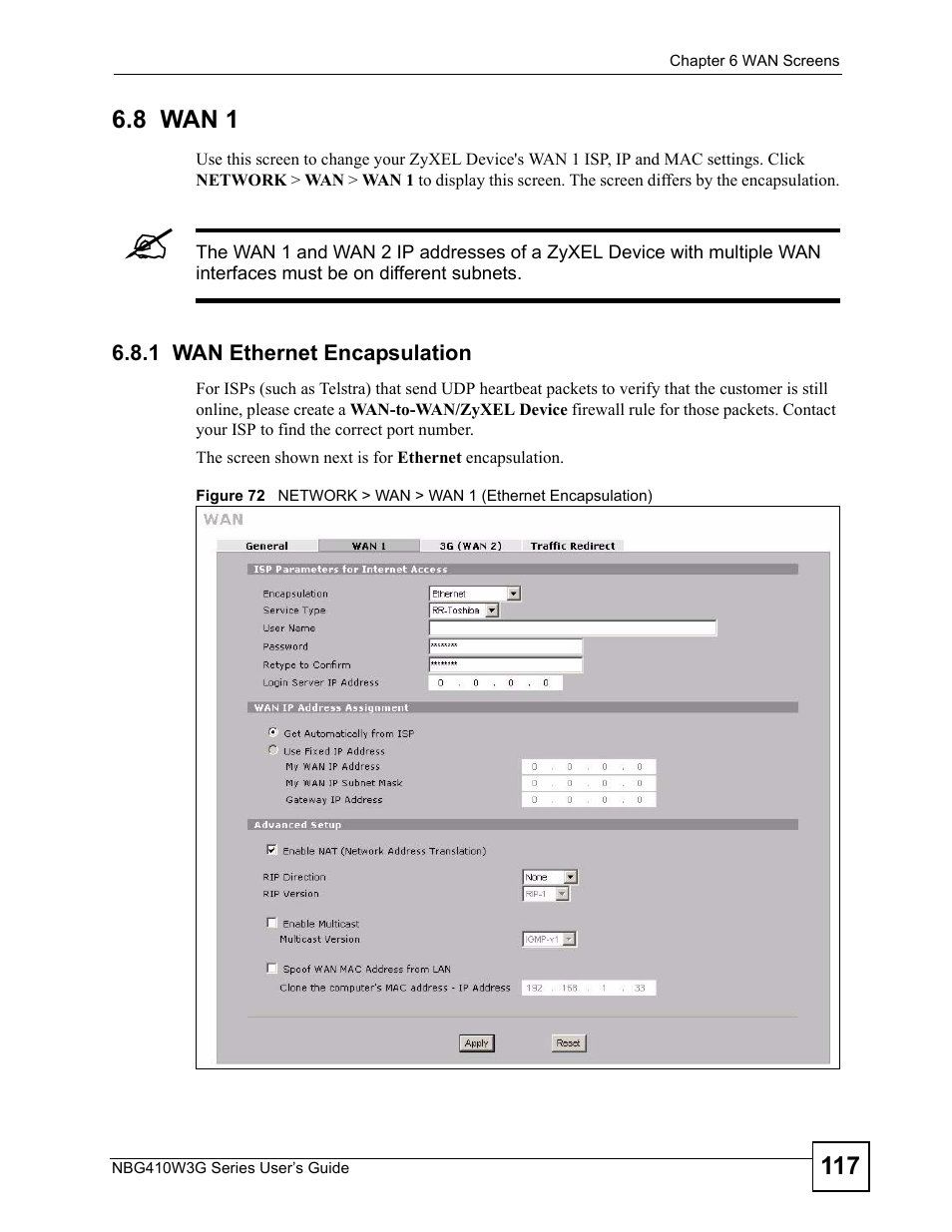 8 wan 1, 1 wan ethernet encapsulation | ZyXEL Communications NBG410W3G User Manual | Page 117 / 430