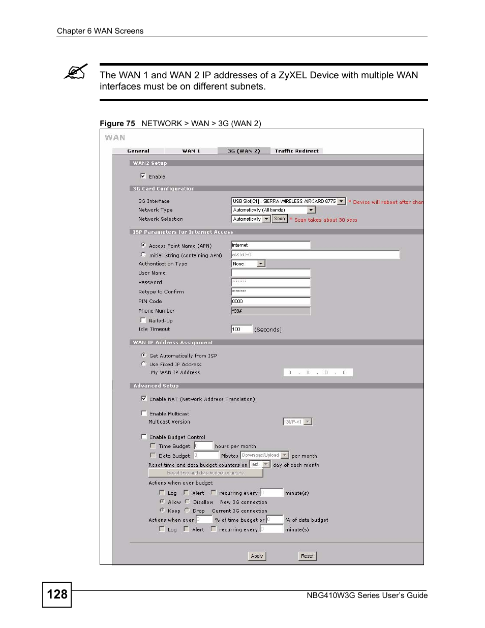 Figure 75 network > wan > 3g (wan 2) | ZyXEL Communications NBG410W3G User Manual | Page 128 / 430