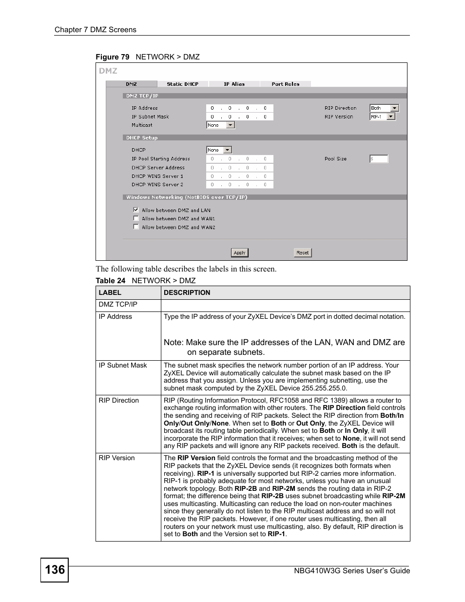 Figure 79 network > dmz, Table 24 network > dmz | ZyXEL Communications NBG410W3G User Manual | Page 136 / 430