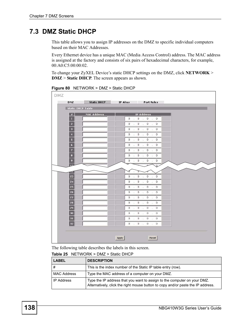 3 dmz static dhcp, Figure 80 network > dmz > static dhcp, Table 25 network > dmz > static dhcp | ZyXEL Communications NBG410W3G User Manual | Page 138 / 430