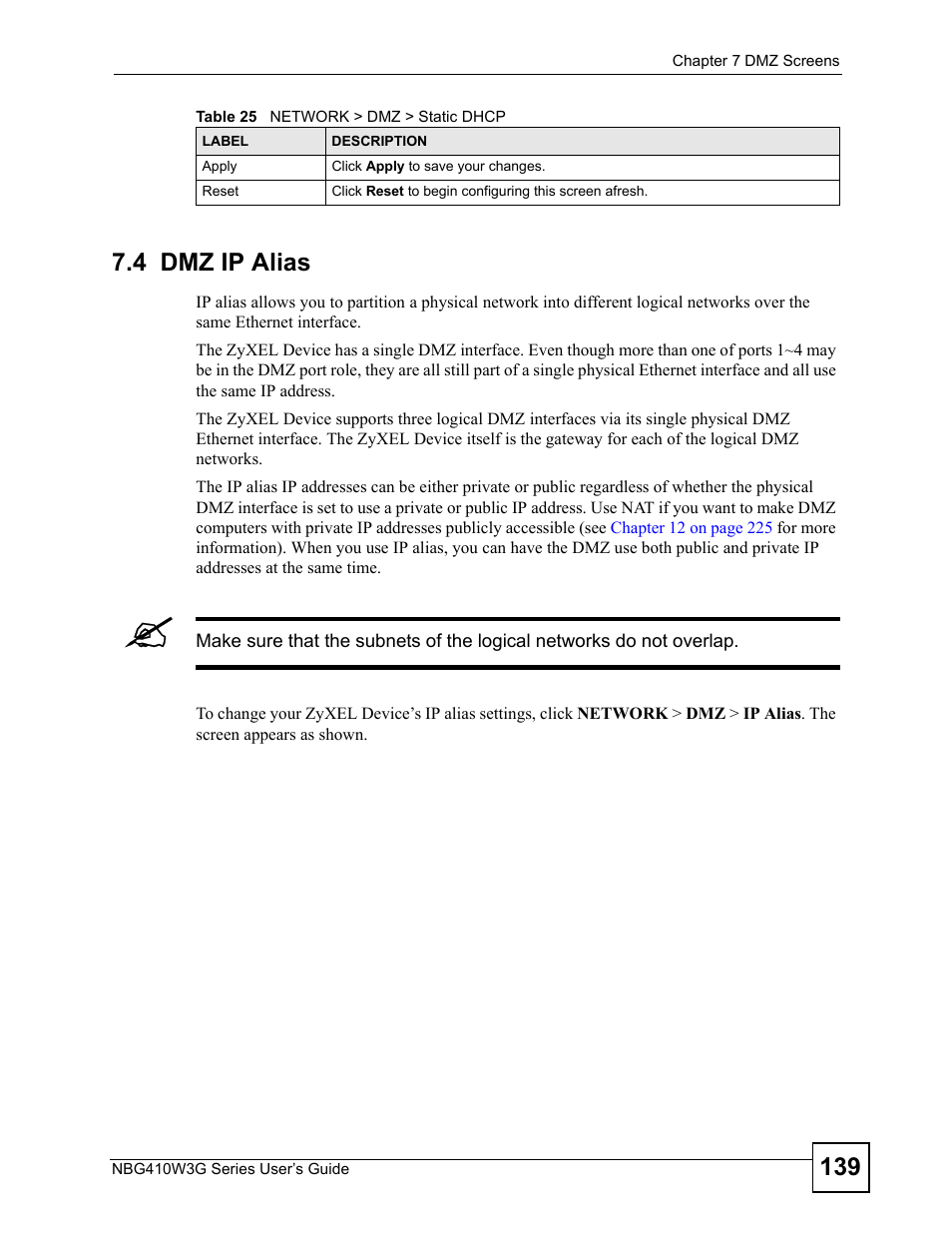 4 dmz ip alias | ZyXEL Communications NBG410W3G User Manual | Page 139 / 430