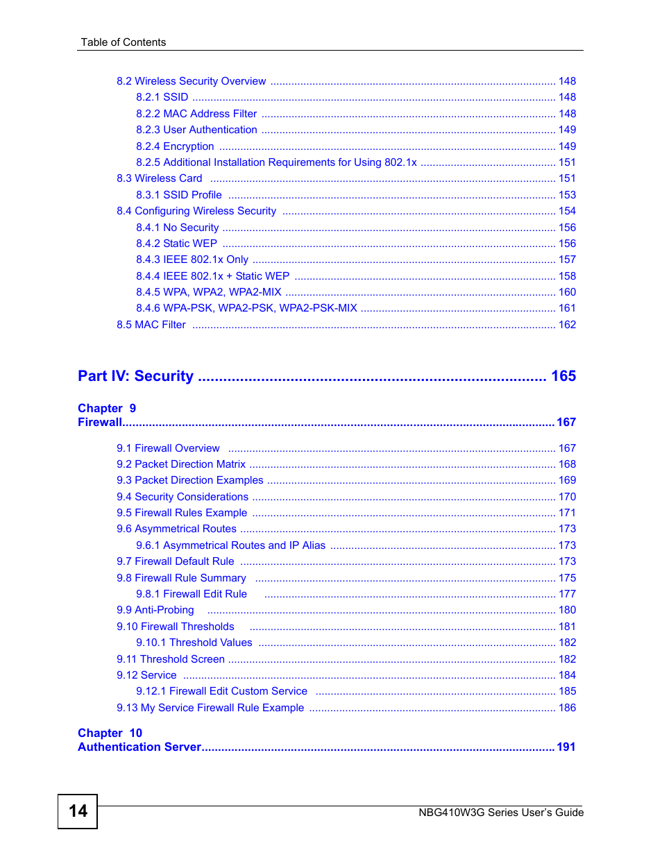 Part iv: security | ZyXEL Communications NBG410W3G User Manual | Page 14 / 430