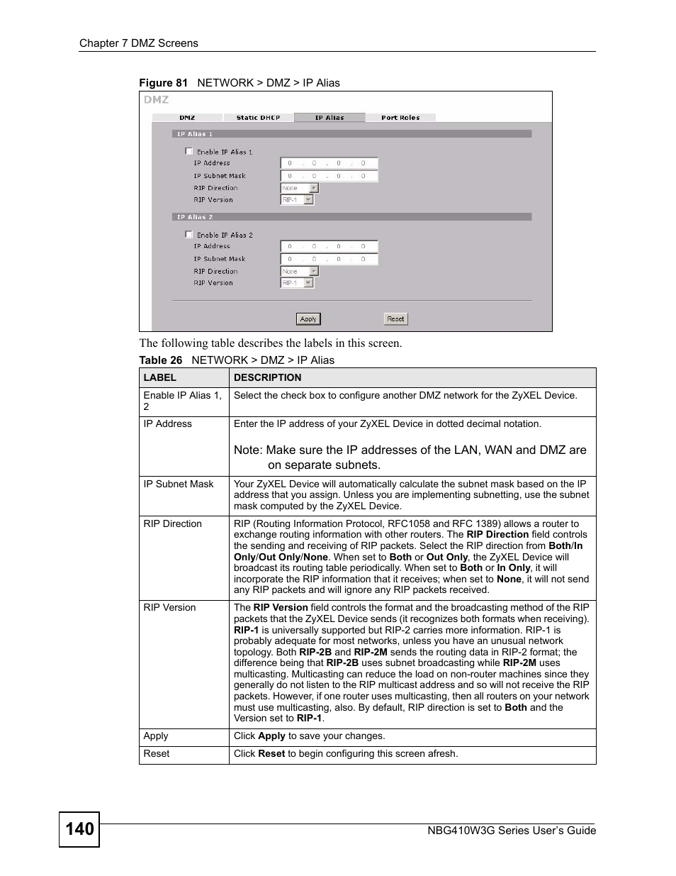Figure 81 network > dmz > ip alias, Table 26 network > dmz > ip alias | ZyXEL Communications NBG410W3G User Manual | Page 140 / 430