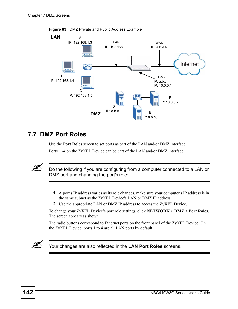 7 dmz port roles, Figure 83 dmz private and public address example | ZyXEL Communications NBG410W3G User Manual | Page 142 / 430