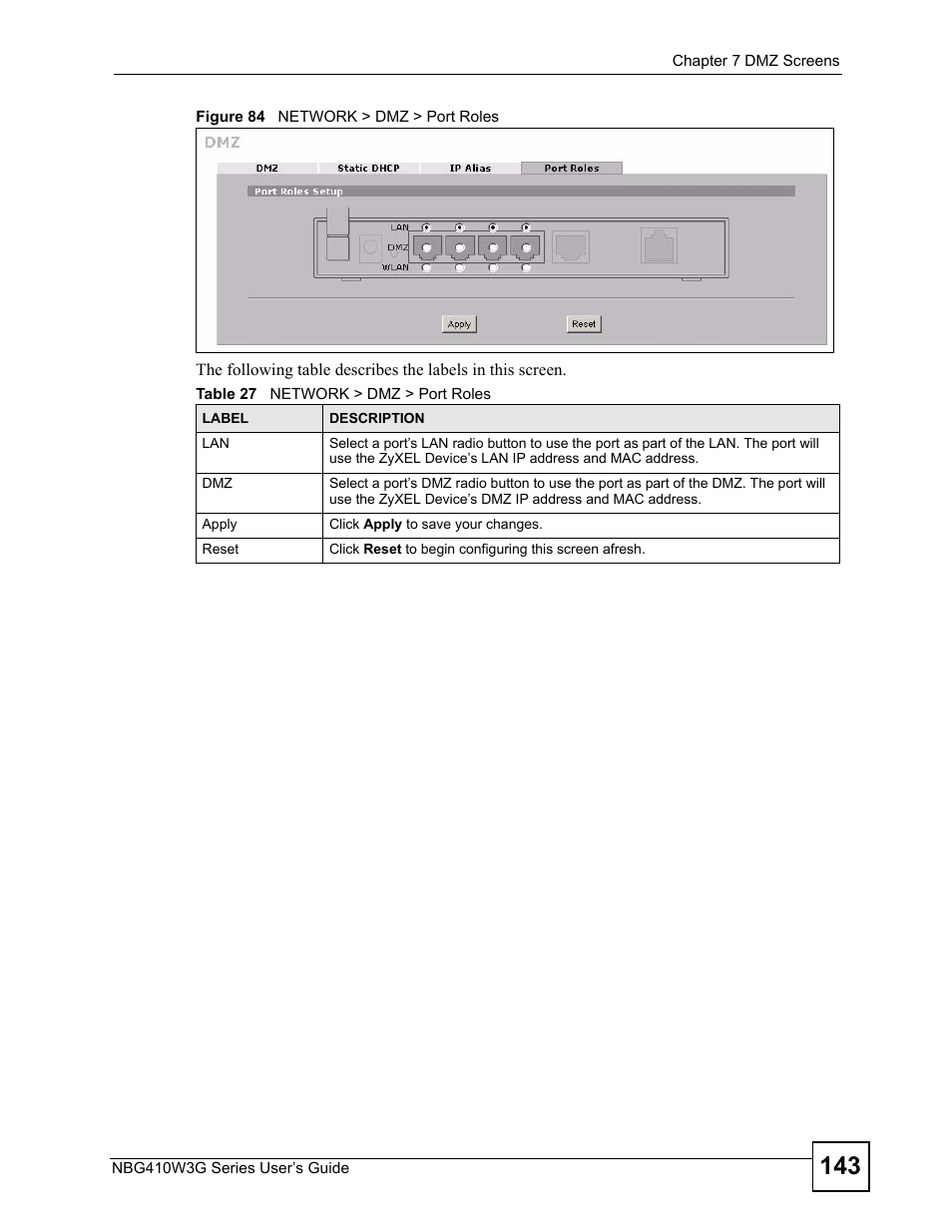 Figure 84 network > dmz > port roles, Table 27 network > dmz > port roles | ZyXEL Communications NBG410W3G User Manual | Page 143 / 430