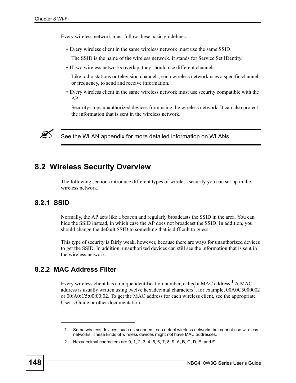 2 wireless security overview, 1 ssid, 2 mac address filter | 1 ssid 8.2.2 mac address filter | ZyXEL Communications NBG410W3G User Manual | Page 148 / 430