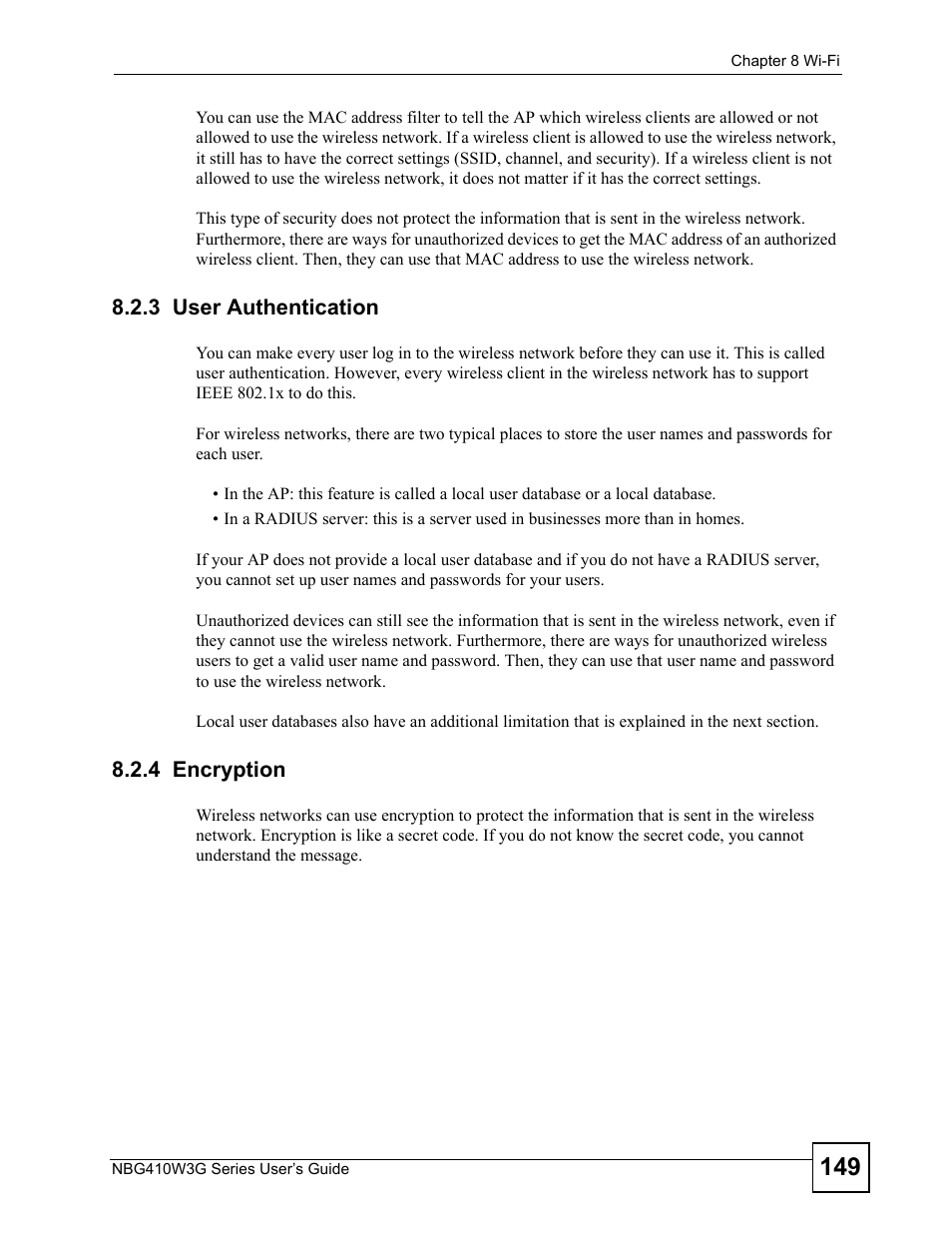 3 user authentication, 4 encryption, 3 user authentication 8.2.4 encryption | ZyXEL Communications NBG410W3G User Manual | Page 149 / 430