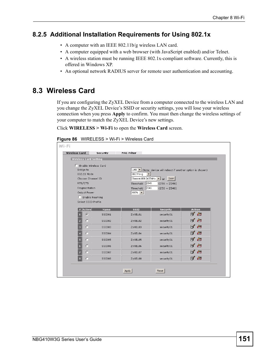 3 wireless card, Figure 86 wireless > wi-fi > wireless card | ZyXEL Communications NBG410W3G User Manual | Page 151 / 430