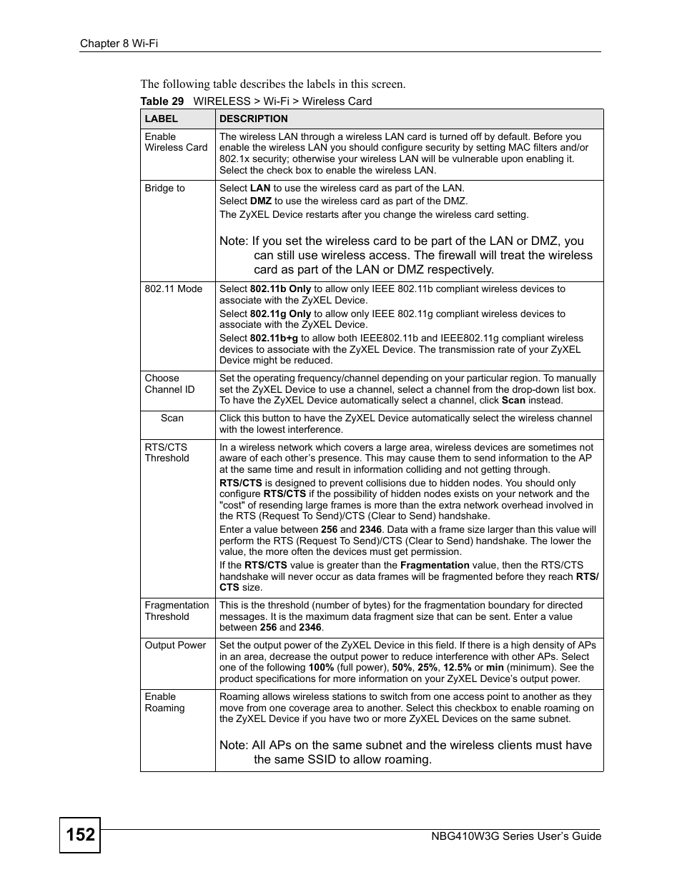 Table 29 wireless > wi-fi > wireless card | ZyXEL Communications NBG410W3G User Manual | Page 152 / 430