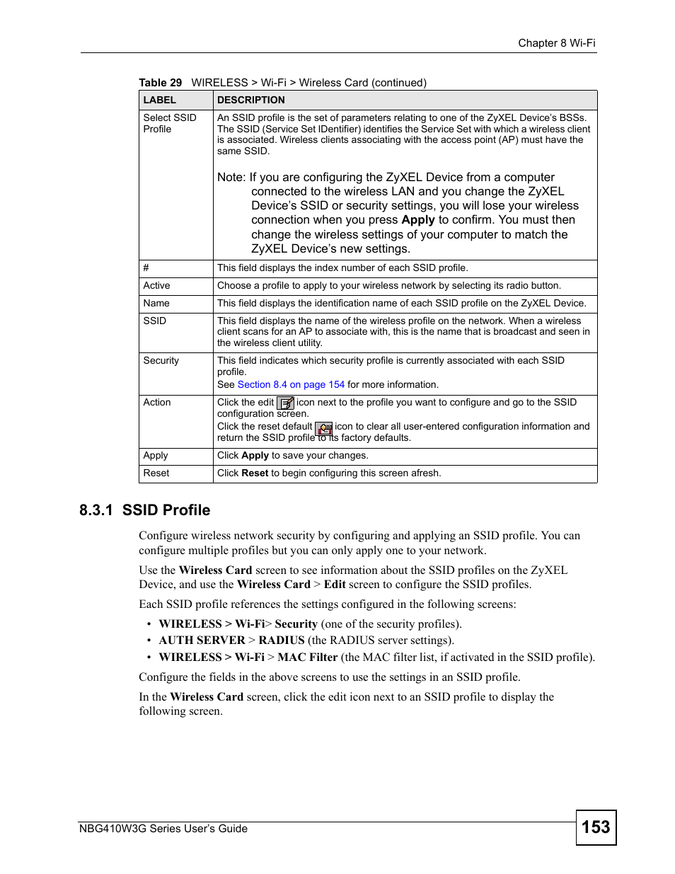 1 ssid profile | ZyXEL Communications NBG410W3G User Manual | Page 153 / 430