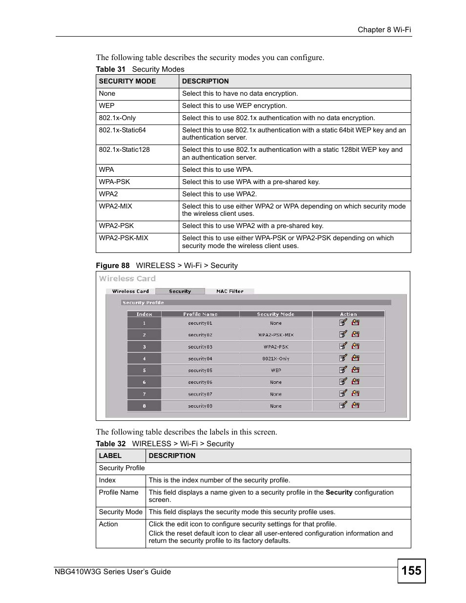 Figure 88 wireless > wi-fi > security | ZyXEL Communications NBG410W3G User Manual | Page 155 / 430