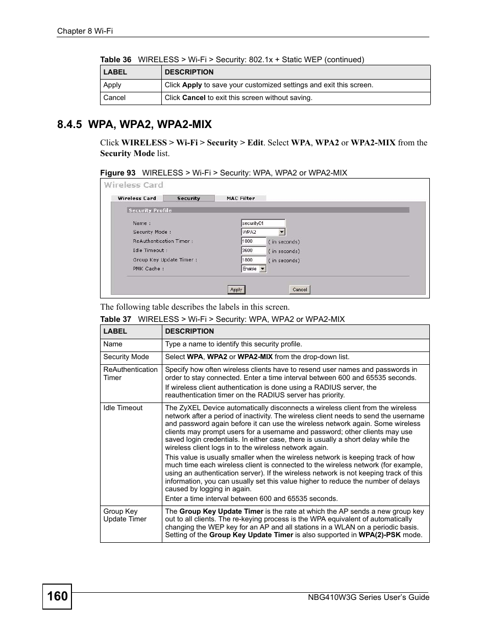 5 wpa, wpa2, wpa2-mix | ZyXEL Communications NBG410W3G User Manual | Page 160 / 430