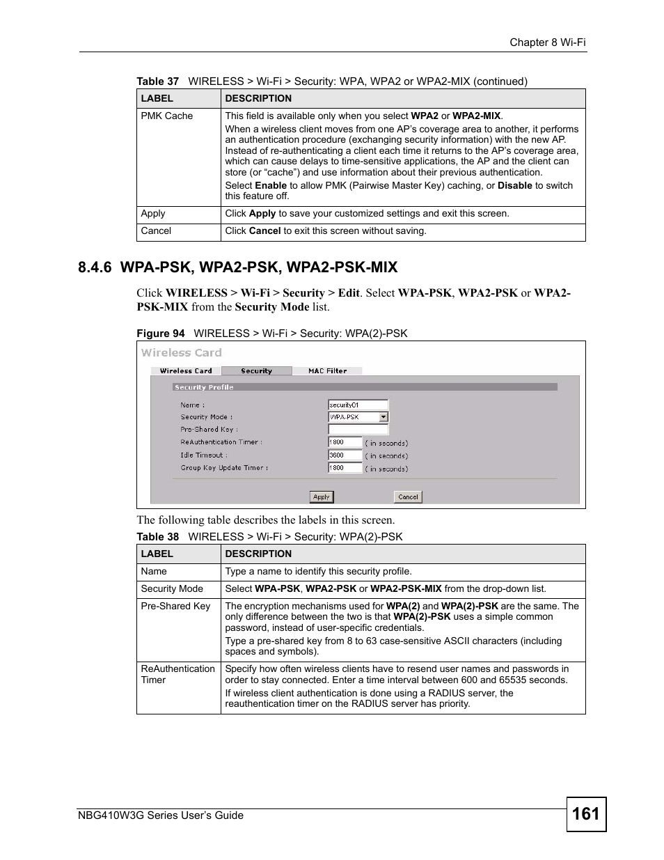 6 wpa-psk, wpa2-psk, wpa2-psk-mix, Figure 94 wireless > wi-fi > security: wpa(2)-psk, Table 38 wireless > wi-fi > security: wpa(2)-psk | ZyXEL Communications NBG410W3G User Manual | Page 161 / 430