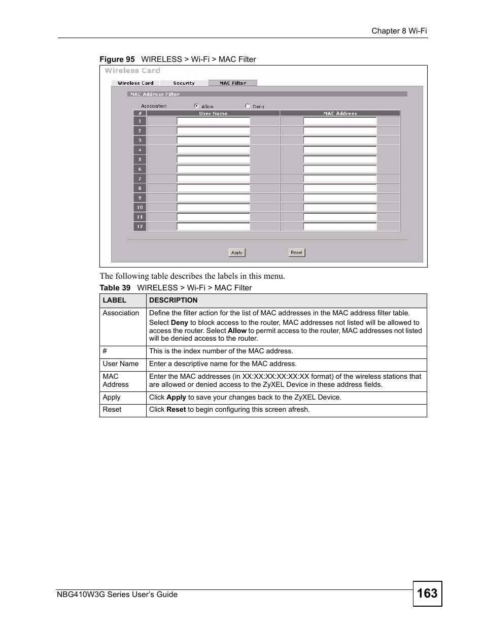 Figure 95 wireless > wi-fi > mac filter, Table 39 wireless > wi-fi > mac filter | ZyXEL Communications NBG410W3G User Manual | Page 163 / 430