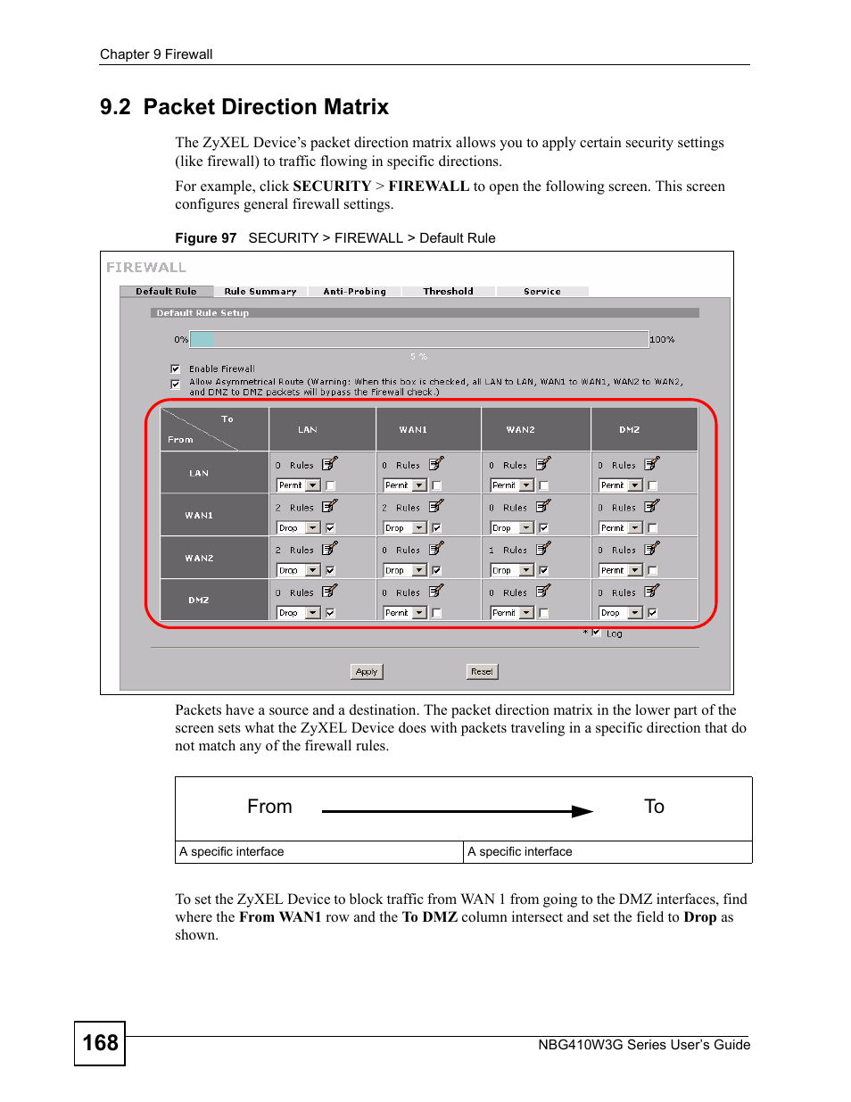 2 packet direction matrix, Figure 97 security > firewall > default rule | ZyXEL Communications NBG410W3G User Manual | Page 168 / 430