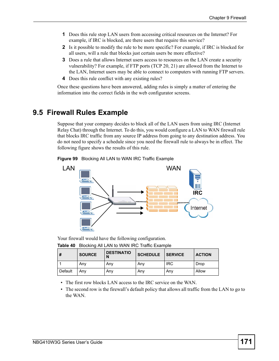 5 firewall rules example, Lan wan | ZyXEL Communications NBG410W3G User Manual | Page 171 / 430