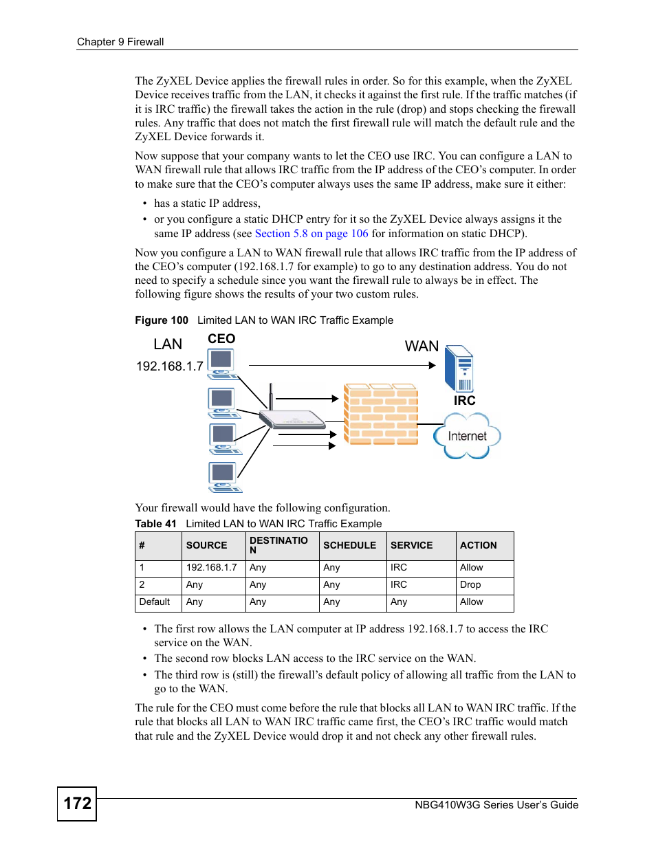 Figure 100 limited lan to wan irc traffic example, Table 41 limited lan to wan irc traffic example | ZyXEL Communications NBG410W3G User Manual | Page 172 / 430