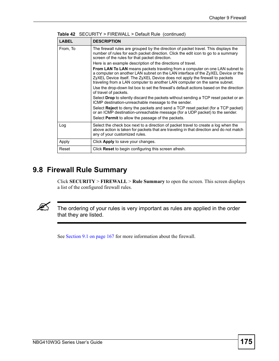8 firewall rule summary | ZyXEL Communications NBG410W3G User Manual | Page 175 / 430