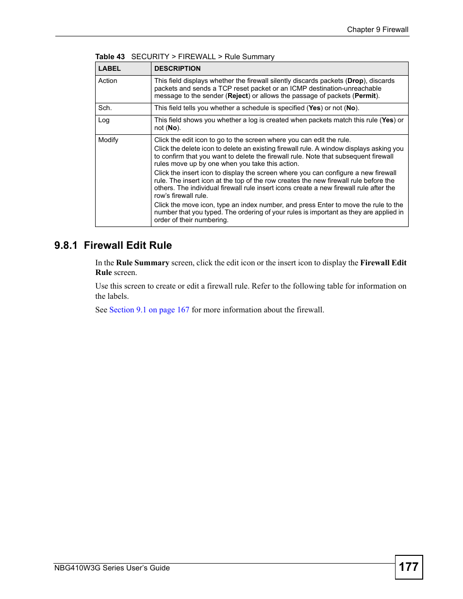 1 firewall edit rule | ZyXEL Communications NBG410W3G User Manual | Page 177 / 430