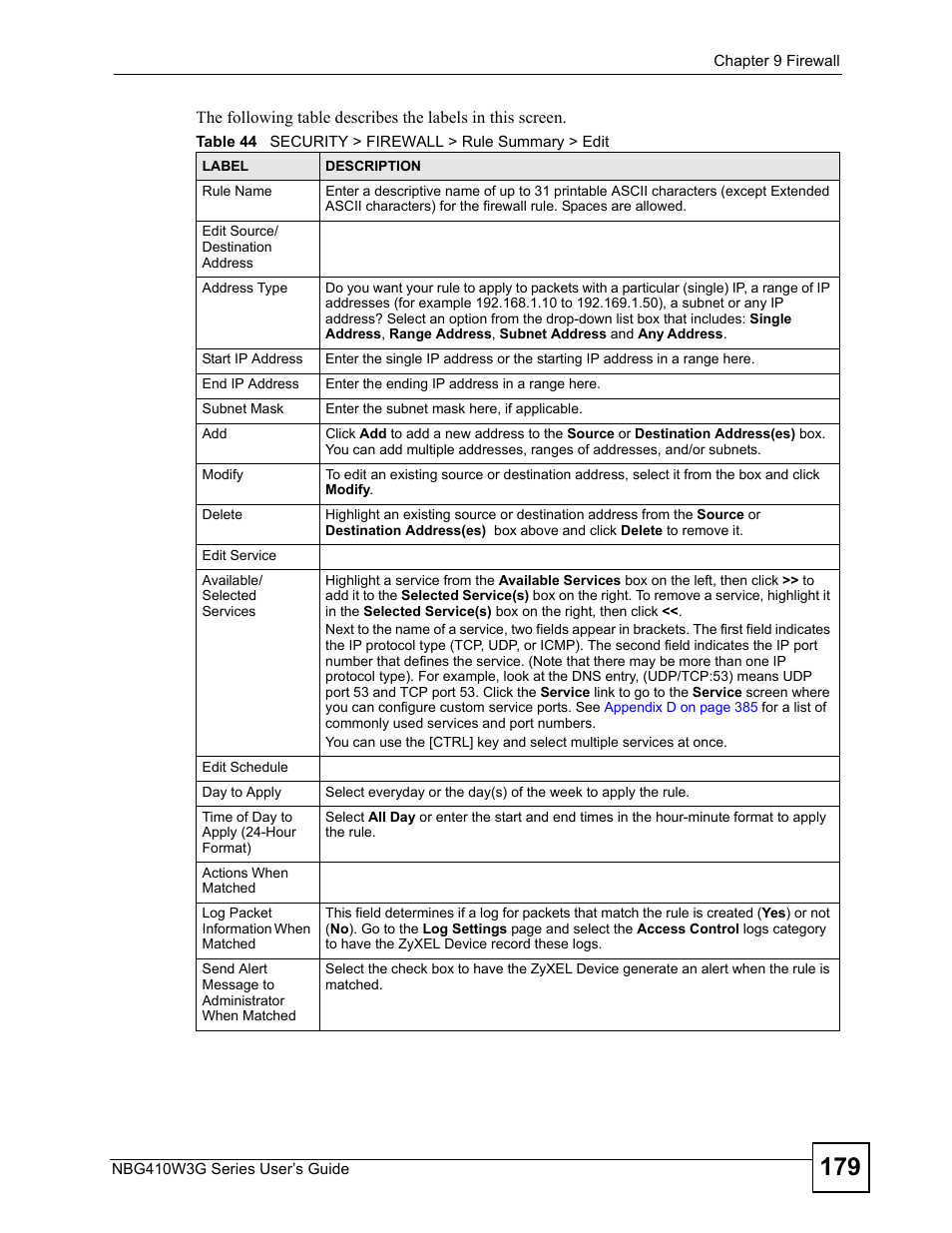 Table 44 security > firewall > rule summary > edit | ZyXEL Communications NBG410W3G User Manual | Page 179 / 430