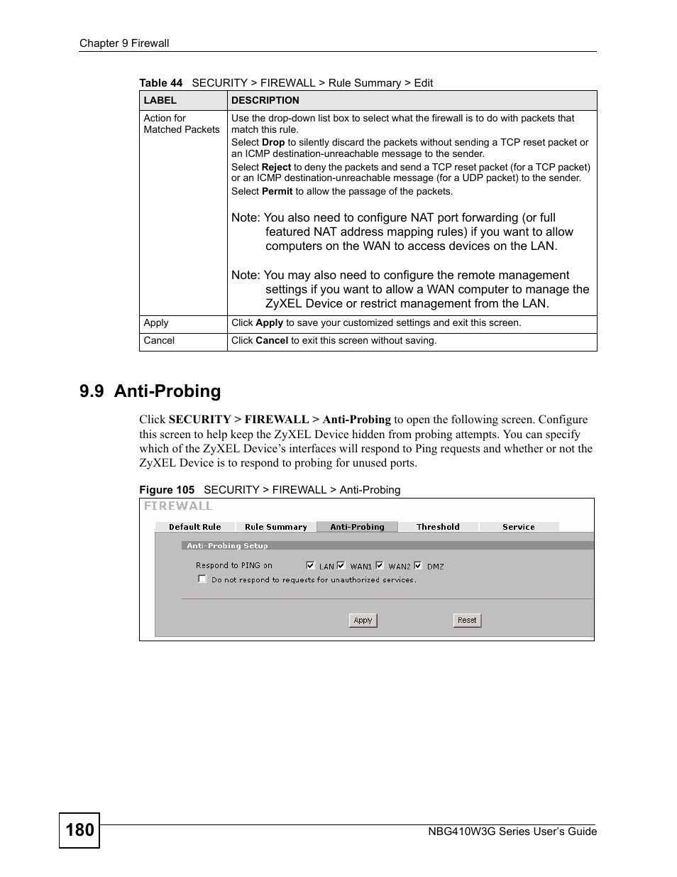 9 anti-probing, Figure 105 security > firewall > anti-probing | ZyXEL Communications NBG410W3G User Manual | Page 180 / 430