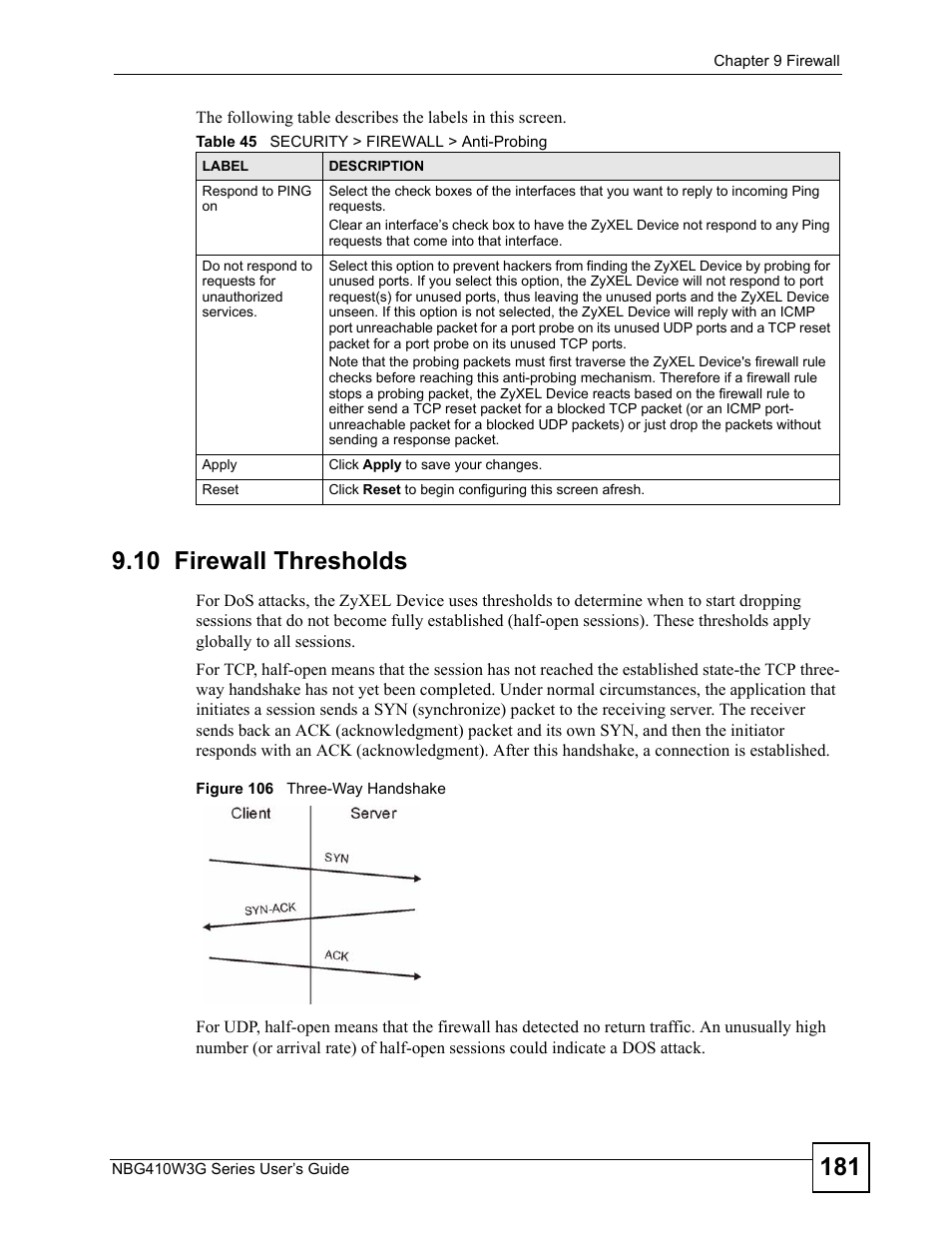 10 firewall thresholds, Figure 106 three-way handshake, Table 45 security > firewall > anti-probing | ZyXEL Communications NBG410W3G User Manual | Page 181 / 430