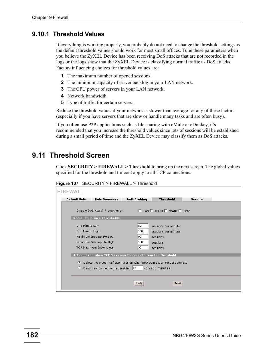 1 threshold values, 11 threshold screen, Figure 107 security > firewall > threshold | ZyXEL Communications NBG410W3G User Manual | Page 182 / 430