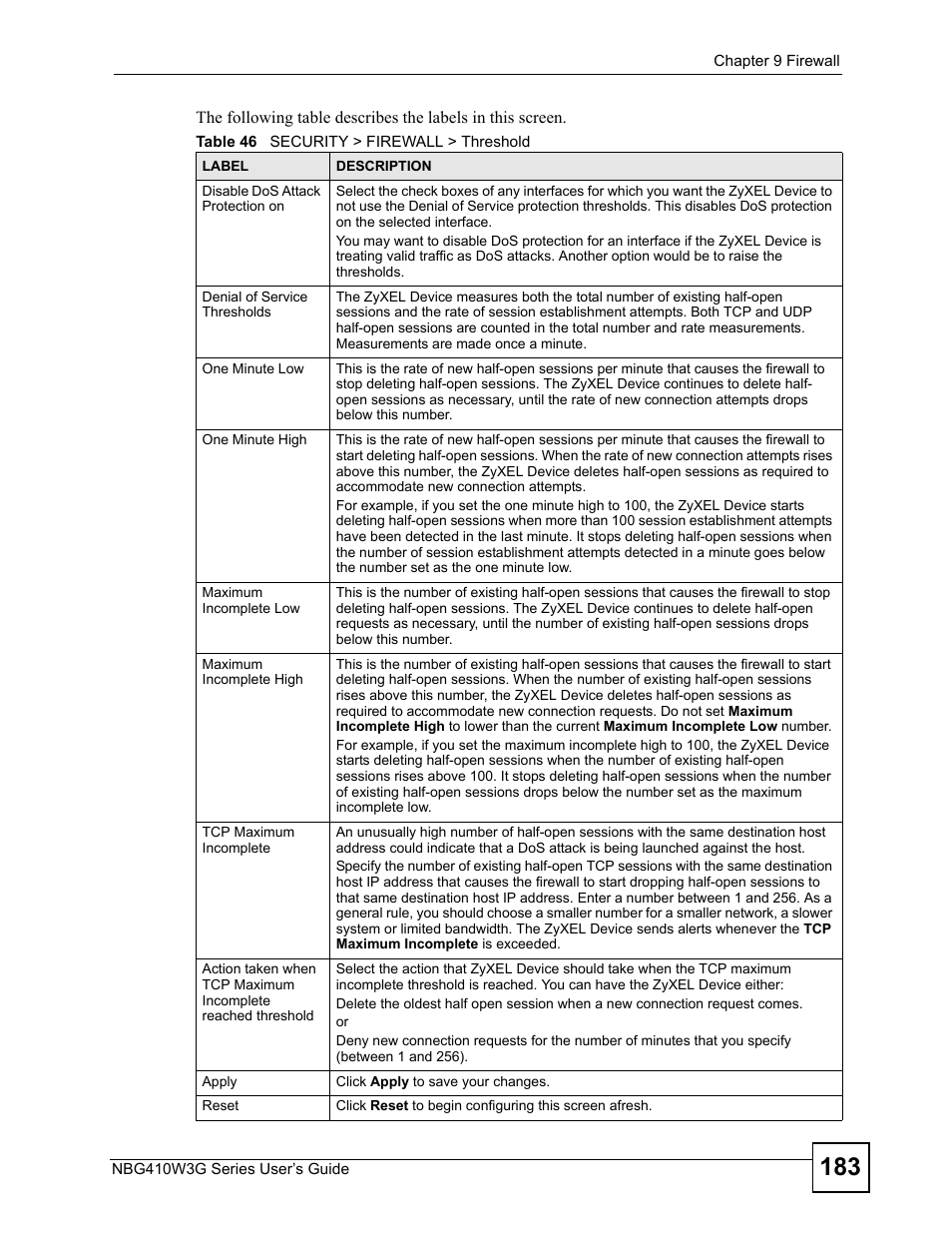 Table 46 security > firewall > threshold | ZyXEL Communications NBG410W3G User Manual | Page 183 / 430