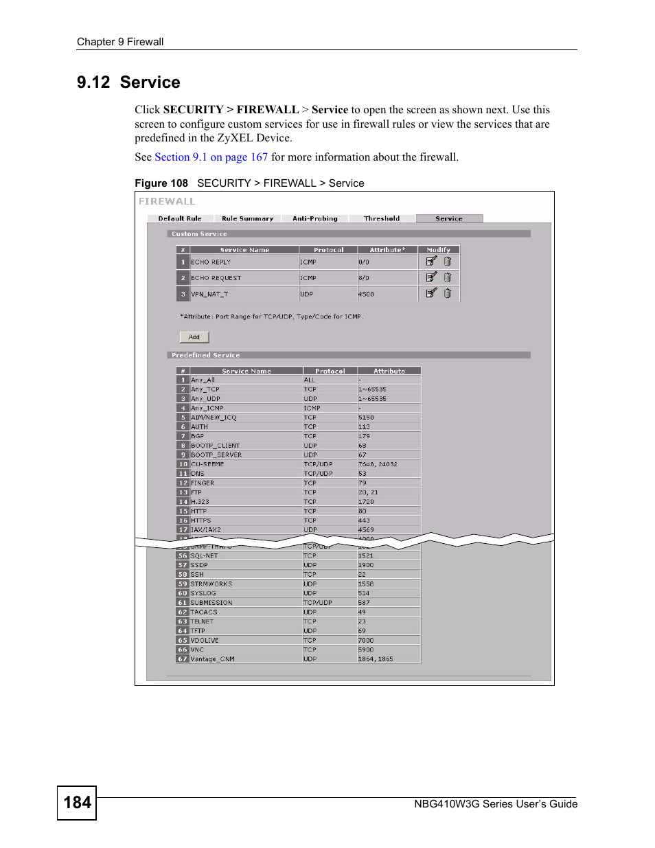 12 service, Figure 108 security > firewall > service | ZyXEL Communications NBG410W3G User Manual | Page 184 / 430