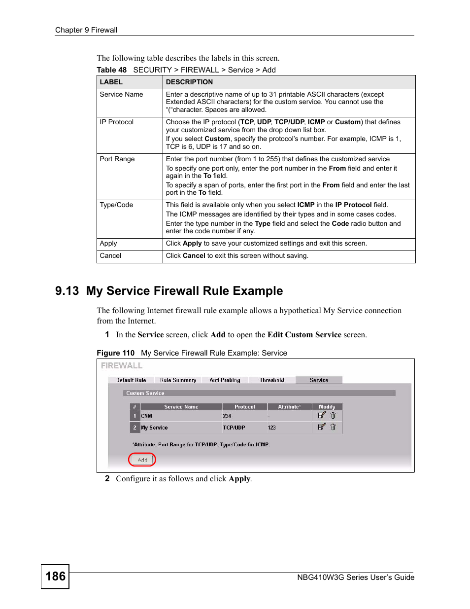 13 my service firewall rule example, Table 48 security > firewall > service > add | ZyXEL Communications NBG410W3G User Manual | Page 186 / 430