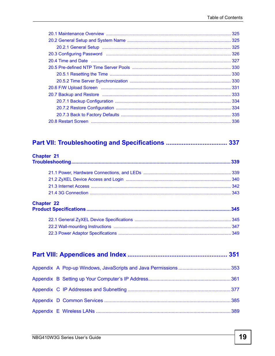 Part vii: troubleshooting and specifications, Part viii: appendices and index | ZyXEL Communications NBG410W3G User Manual | Page 19 / 430